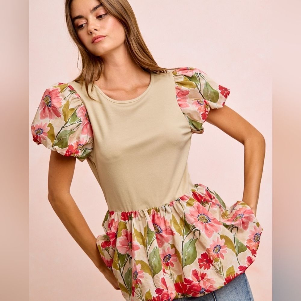 BiBi Casual Refined Rib Texture Leopard Puff Sleeves Bubble Peplum Top S M L XL